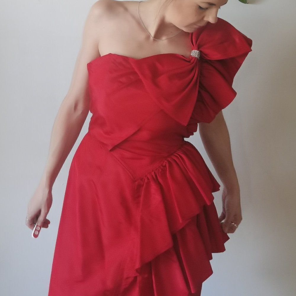 Vintage 90s Cherry One Shoulder Red Prom Dress with Side Ruffle Bow PARTY 80s